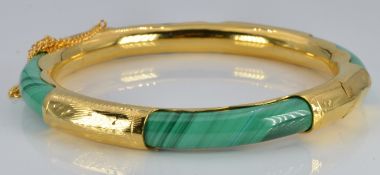 Eastern yellow metal bangle set with malachite panels, 31.3g