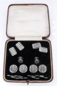Art Deco platinon stud set comprising buttons, studs and cufflinks with black enamel and engine