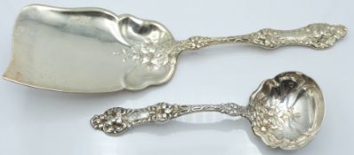 Two Alvin Manufacturing Co. American white metal items, one a serving slice, the other a ladle, both