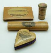 A collection of Mauchline Ware and early Tunbridge Ware sewing / needlework accessories including