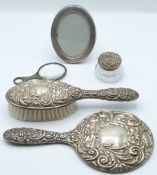 Hallmarked silver mounted hand mirror and brush, hallmarked silver mounted oval mirror with easel