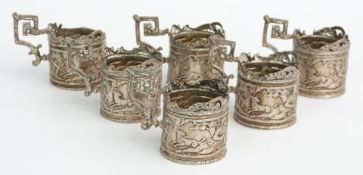 Set of six continental white metal cup or shot holders marked 800, height 4.5cm, weight 100g