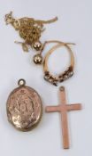 A 9ct gold cross (0.5g), 18ct gold ring (2g), Victorian locket, 9ct gold earrings and a 9ct gold