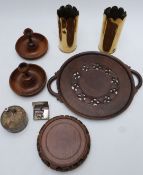 Pair of Holy Land/ Jerusalem olive wood candlesticks, Chinese stand, French music box, trench art