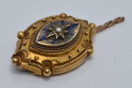 Victorian yellow metal stick pin set with a pearl and blue enamel
