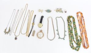 Waltham plated pocket watch, hallmarked silver pendant, ring, costume jewellery etc