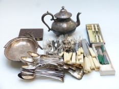 Silver plated cutlery, swing handled basket, cased cutlery, teapot etc