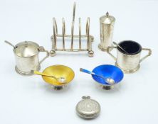 Pair of Danish enamel and white metal open salts and spoons marked Sterling Denmark, diameter