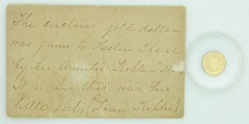 1853 USA gold dollar with 19thC scripted envelope 'Given to Helen Chase by her Auntie Kohler