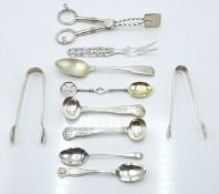 Georgian and later hallmarked silver and white metal cutlery to include cake tongs marked S.