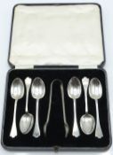 Cased set of six hallmarked silver spoons and nips, Sheffield 1930 maker Martin, Hall & Co, 52g