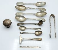 19thC and later hallmarked silver cutlery to include pierced sugar tongs, small ladle etc, weight