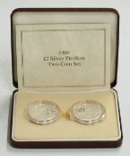 Royal Mint cased silver proof Piedfort set comprising two 1989 £2 coins commemorating The Bill of