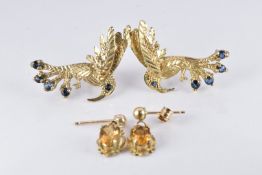 A pair of 9ct gold earrings in the form of hummingbirds set with sapphires and a pair of 9ct gold