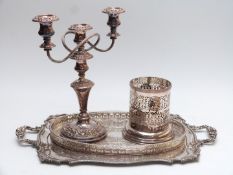Silver plated twin handled tray, width 58cm, galleried tray, three branch candelabra and a wine