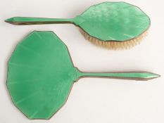 Art Deco green guilloché enamel and hallmarked silver mounted hand mirror and brush, Birmingham 1935
