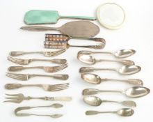 Two hallmarked silver hand mirrors, one with green guilloché enamel decoration, ivorine travelling