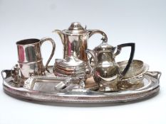 19thC and later silver plated ware including a large twin-handled galleried tray, length 60cm,