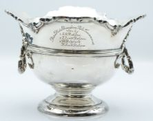 Edward VII hallmarked silver twin handled pedestal bowl with inscription for Champion Polo