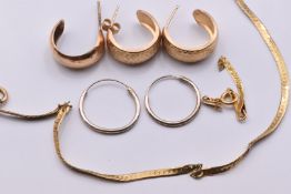 Three 9ct gold earrings, 9ct gold chain (3.3g), and a pair of silver hoop earrings
