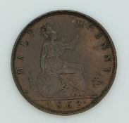 1862 Queen Victoria young head halfpenny, die letter 'B' left of lighthouse base, VF+, extremely