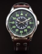 German Airforce military style gentleman's wristwatch with luminous hands, green Arabic numerals,