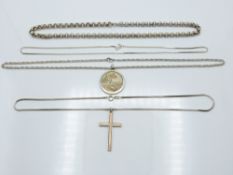 A silver St Christopher, silver cross with gold detail and three silver necklaces, 96g