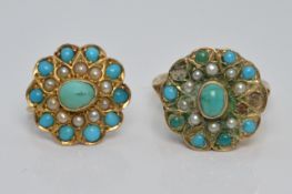 Victorian yellow metal ring set with seed pearls and turquoise and a matching single earring, 10g