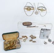 A collection of jewellery including studs, silver cufflinks, silver brooch, silver chains, Ronson