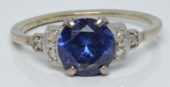 Art Deco 9ct white gold ring set with a synthetic sapphire and a diamonds, 2.2g, size M