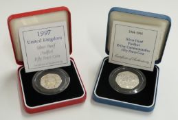 Two Royal Mint silver proof Piedfort 50p coins, 1994 D-Day Commemorative and 1997, both cased with