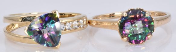 Two 9ct gold rings with mystic topaz, 5.0g, size N and O