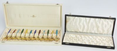 Tostrup cased set of 12 Norwegian silver gilt guilloché enamel tea or small dessert spoons, marked