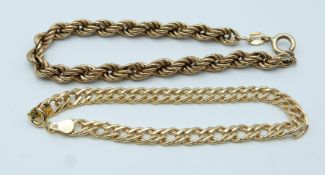 A 9ct gold rope twist bracelet and 9ct gold curb link bracelet, 7.4g