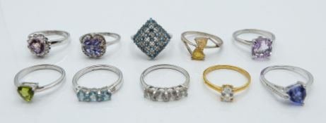 Ten silver rings set with zircon, fluorite, blue topaz, ametrine, tanzanite, amethyst, peridot,
