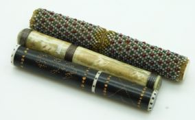 Three 19thC French bone needle cases including a beadwork example, longest 8cm