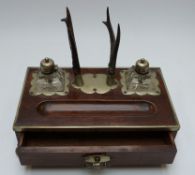 A 19th/20thC oak standish or desk stand with plated mounts, antler pen stand and cut glass inkwells,
