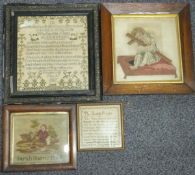 Four Victorian embroidery samplers including The Lord's Prayer and another by Sarah Harris 1864,