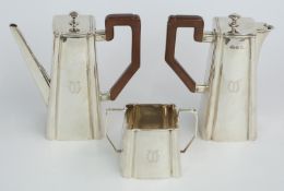 Art Deco hallmarked silver bachelor's coffee or tea set, Birmingham 1929 maker Alexander Clark &