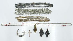 Four vintage necklaces, silver crescent brooch set with paste, cross pendant and a pair of Victorian