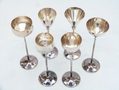 Six silver plated WMF long stem goblets with conical and bulbous bowls, height 14cm