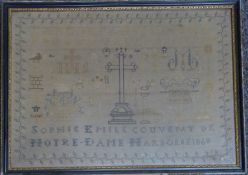 19thC French embroidery sampler by Sophie Emile Couvent de Notre Dame, Narbonne 1860, 32 x 46cm