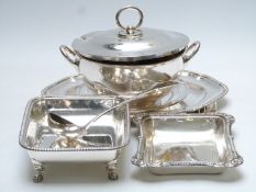 Plated ware including pedestal soup tureen, food servers, trays / salvers, width of largest 42cm