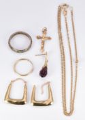 A pair of 9ct gold earrings, a 9ct gold necklace (3.4g) and 9ct gold and silver ring