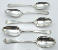 Georgian set of five bottom hallmarked silver table spoons, London 1767, maker John Lampfert, length