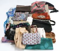 A collection of scarves, bags and vintage textiles including Christian Dior, jade mounted handbag,
