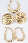 Two pairs of 9ct gold earrings and a single 9ct gold earring, 2.9g