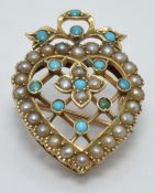 Victorian brooch in the form of a heart and bow set with turquoise and seed pearls, 1.5 x 2.5cm, 3g