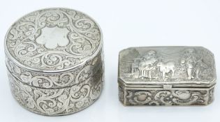 German white metal trinket box with embossed scene of shepherds to lid, German 800 grade silver