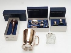 Boxed plated ware including cruet, inkwell, tankard and candlesticks, most by Laurence Watson